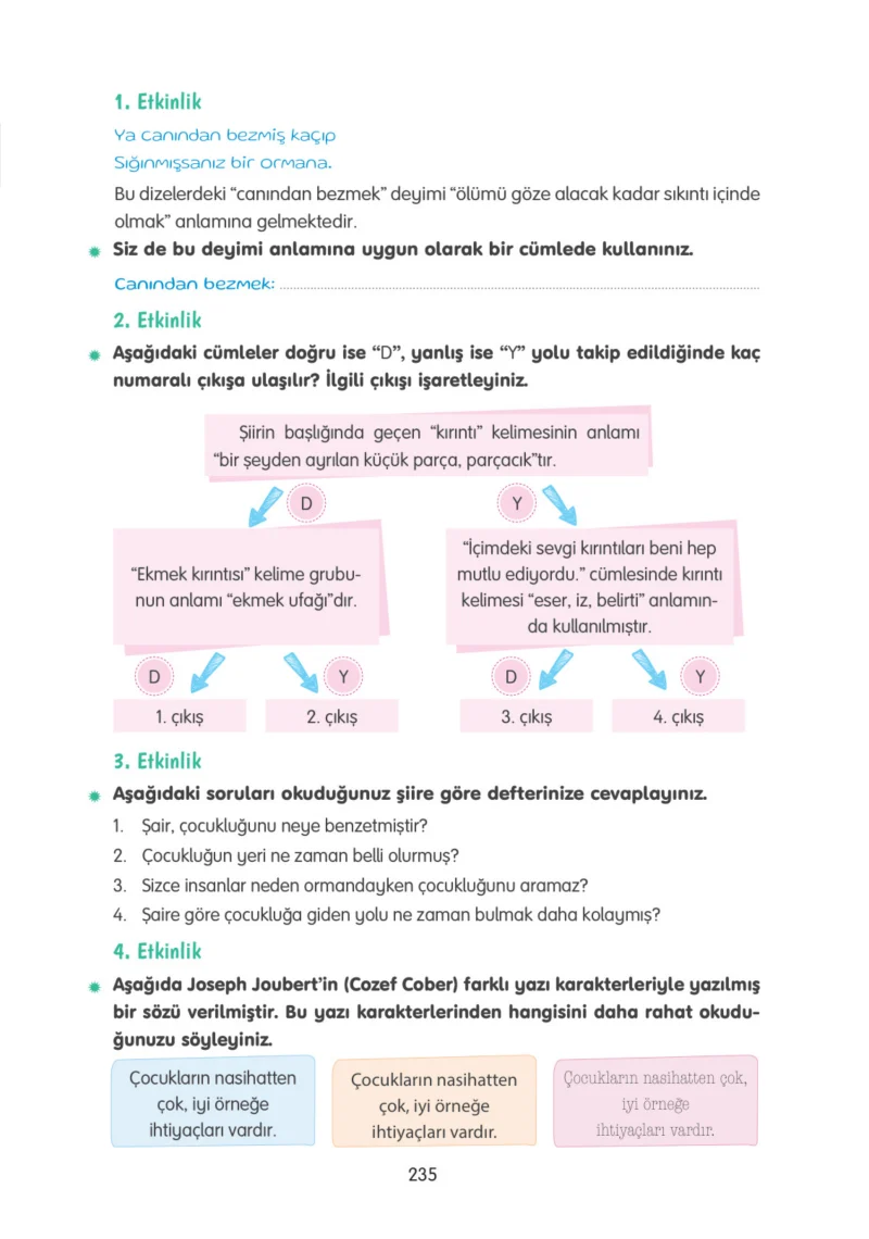 4. Sınıf Türkçe Ders Kitabı Cevapları Tuna Yayınları Sayfa 235