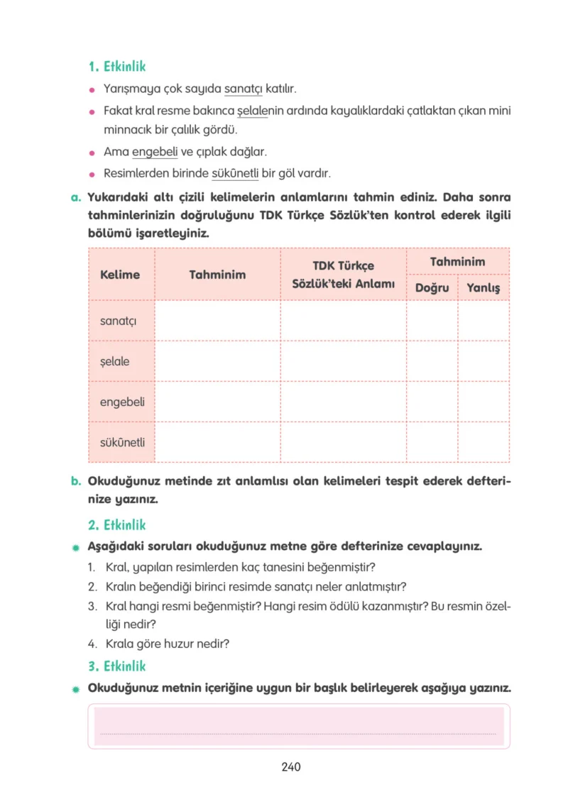 4. Sınıf Türkçe Ders Kitabı Cevapları Tuna Yayınları Sayfa 240