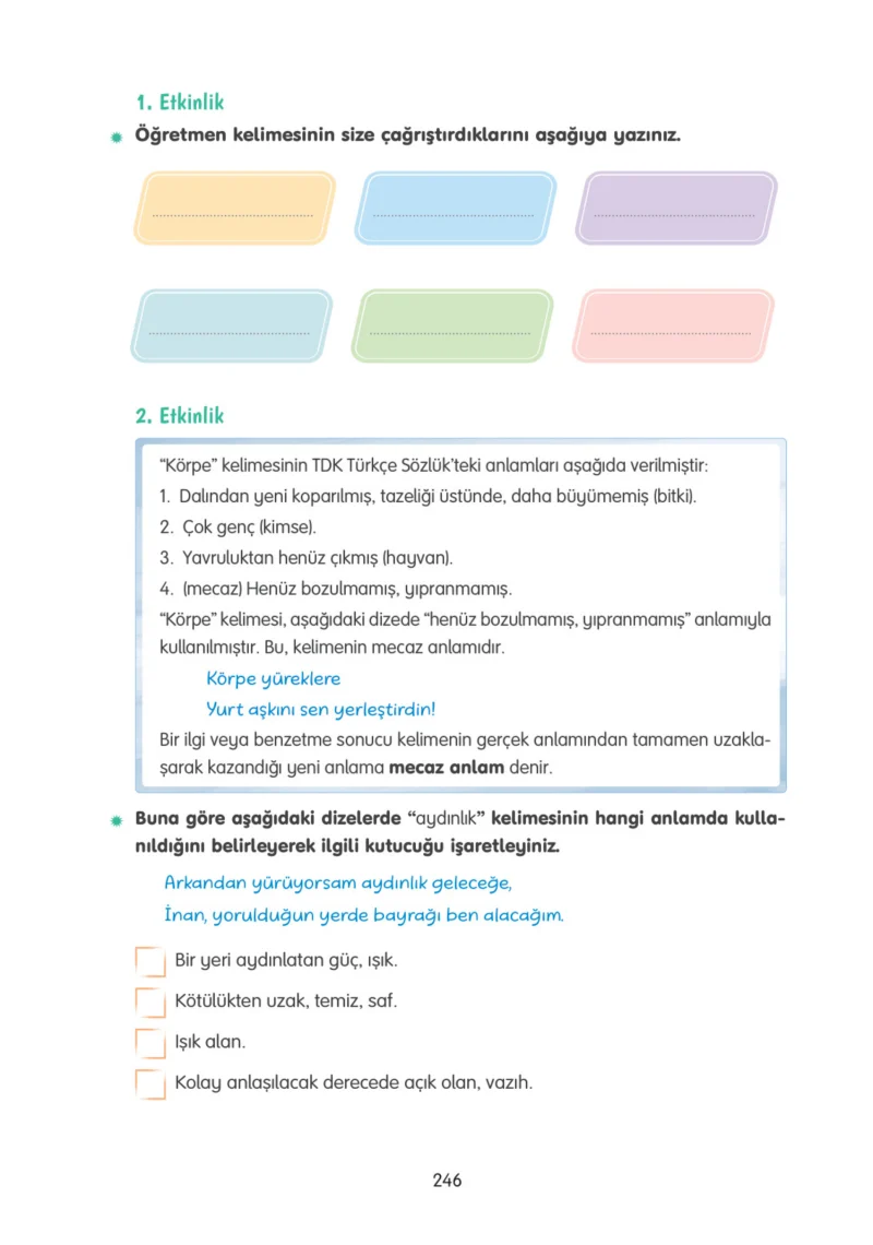 4. Sınıf Türkçe Ders Kitabı Cevapları Tuna Yayınları Sayfa 246