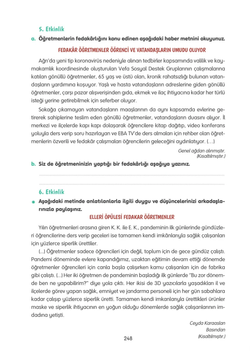 4. Sınıf Türkçe Ders Kitabı Cevapları Tuna Yayınları Sayfa 248