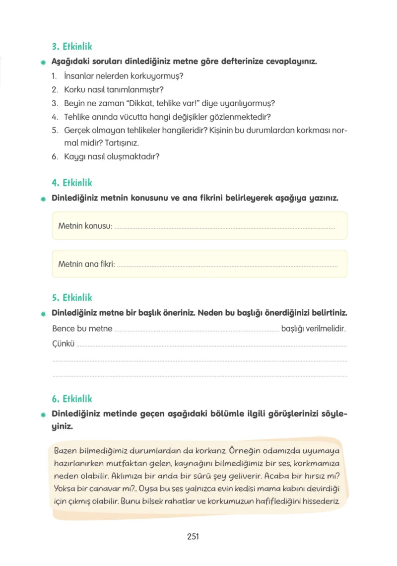 4. Sınıf Türkçe Ders Kitabı Cevapları Tuna Yayınları Sayfa 251