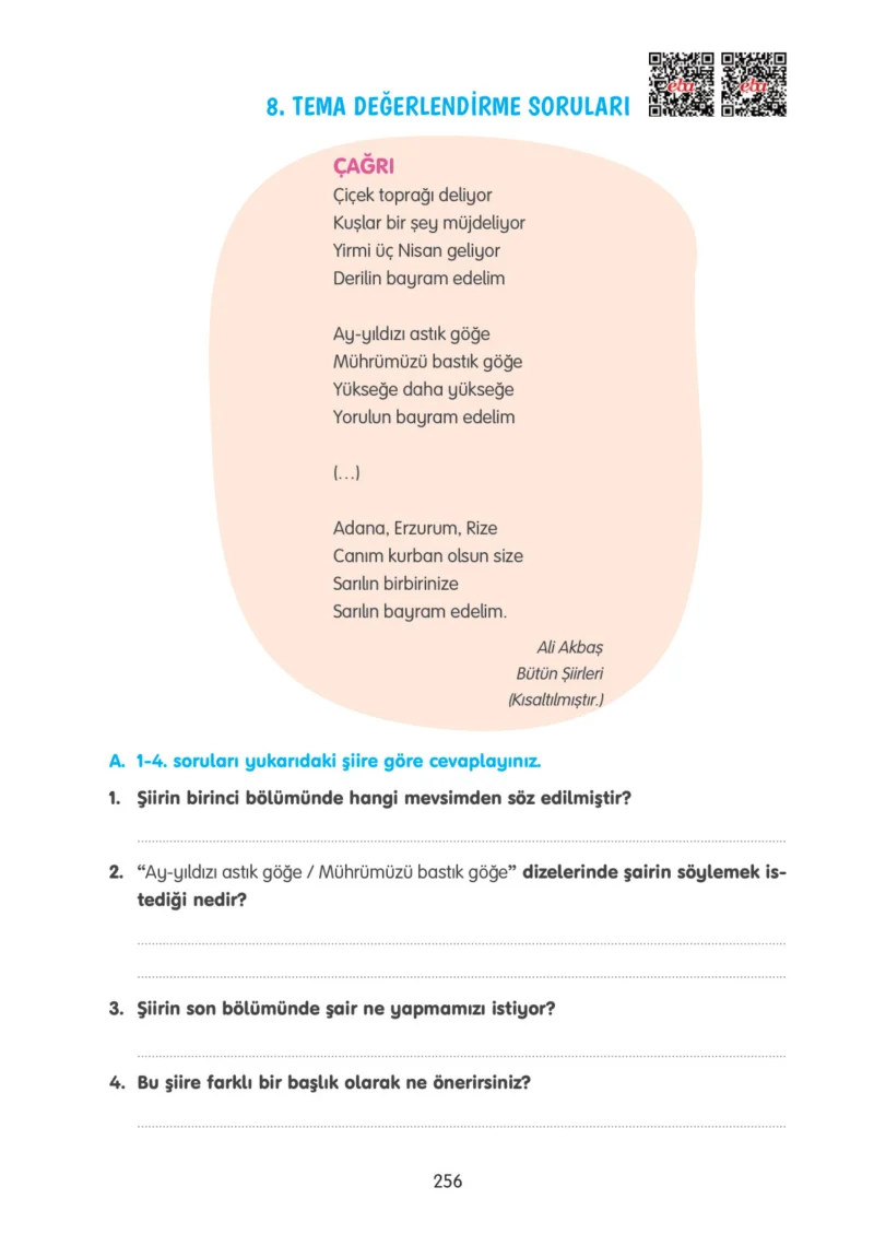 4. Sınıf Türkçe Ders Kitabı Cevapları Tuna Yayınları Sayfa 256