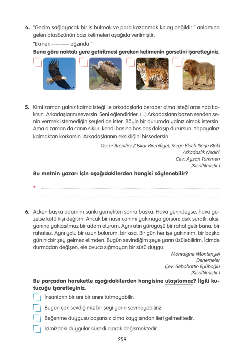 4. Sınıf Türkçe Ders Kitabı Cevapları Tuna Yayınları Sayfa 259