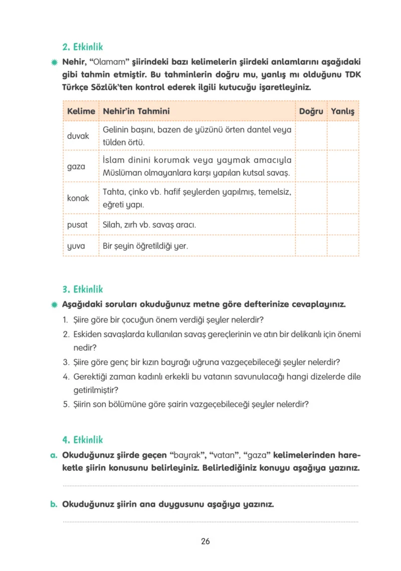4. Sınıf Türkçe Ders Kitabı Cevapları Tuna Yayınları Sayfa 26