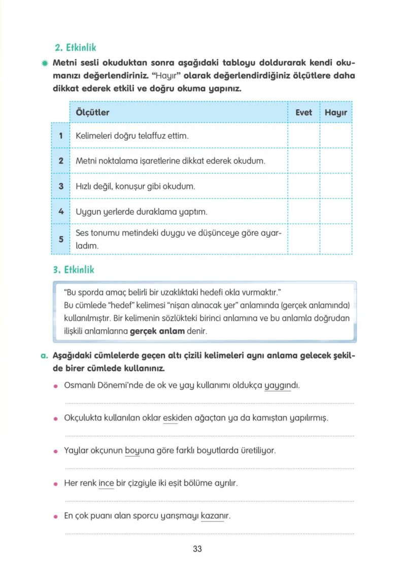 4. Sınıf Türkçe Ders Kitabı Cevapları Tuna Yayınları Sayfa 33