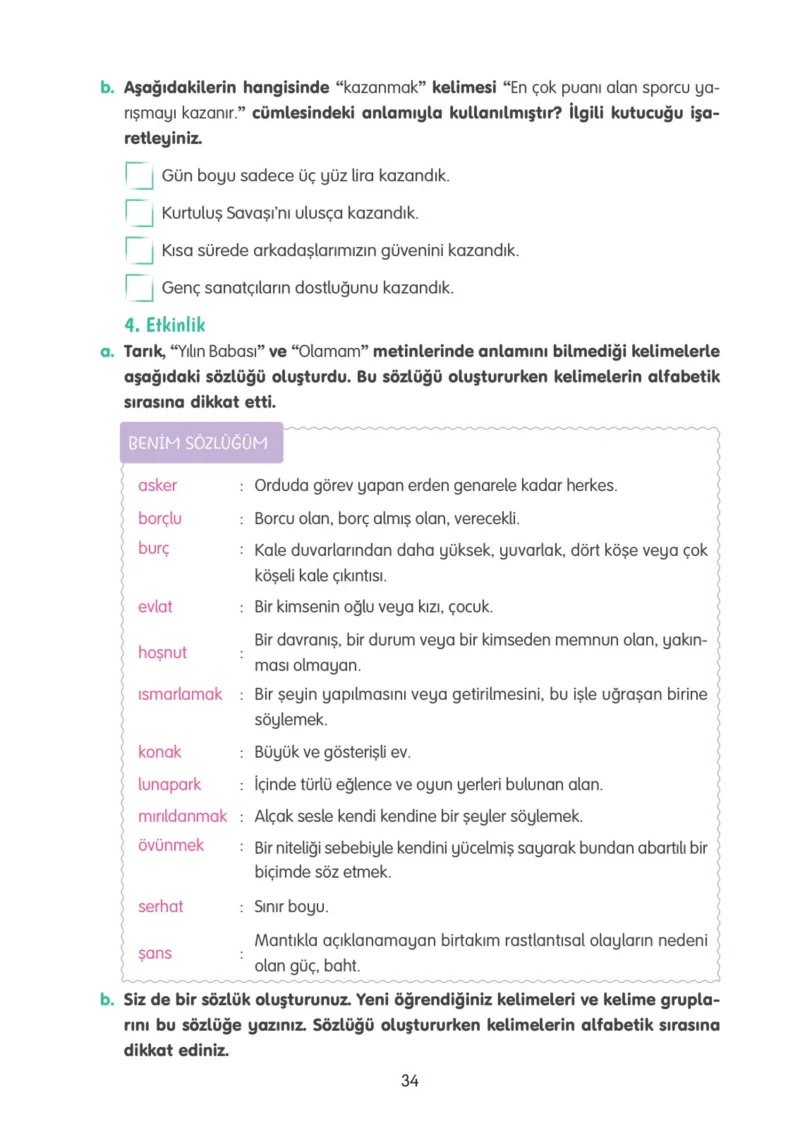 4. Sınıf Türkçe Ders Kitabı Cevapları Tuna Yayınları Sayfa 34