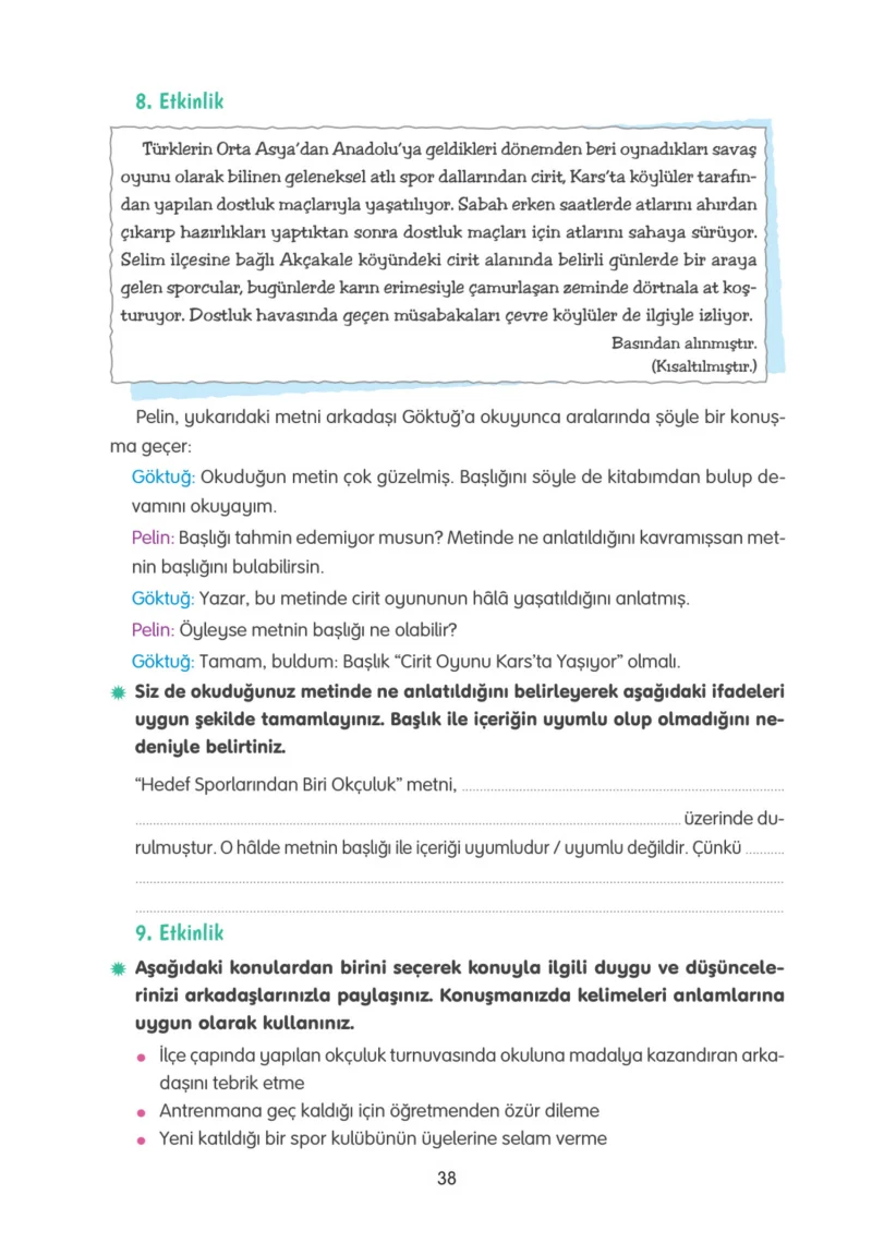 4. Sınıf Türkçe Ders Kitabı Cevapları Tuna Yayınları Sayfa 38