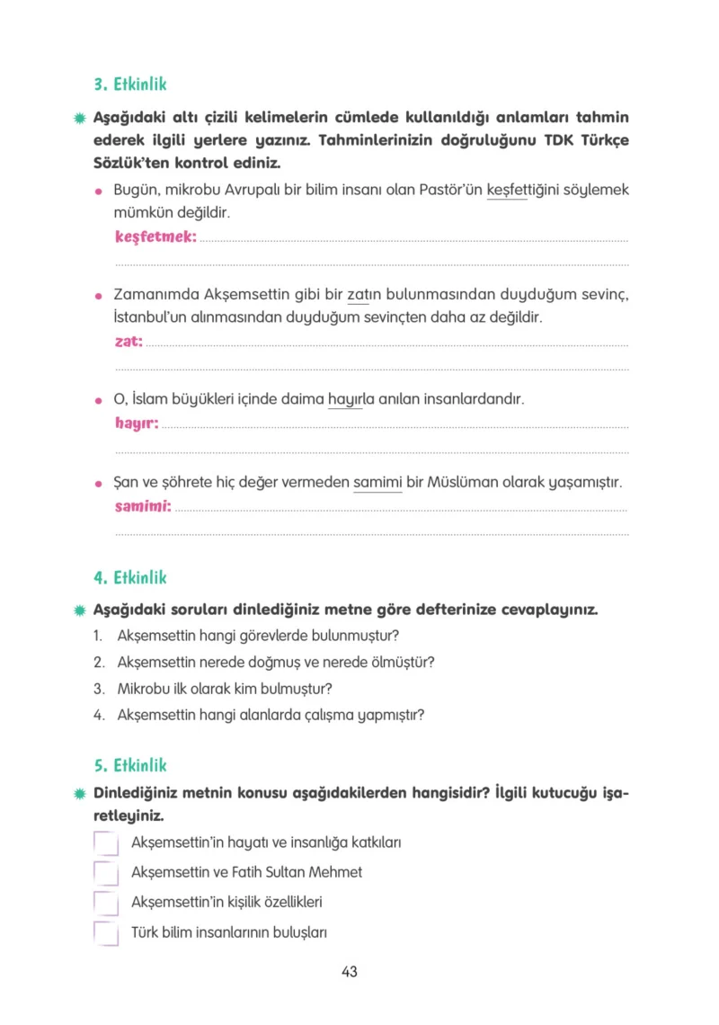 4. Sınıf Türkçe Ders Kitabı Cevapları Tuna Yayınları Sayfa 43