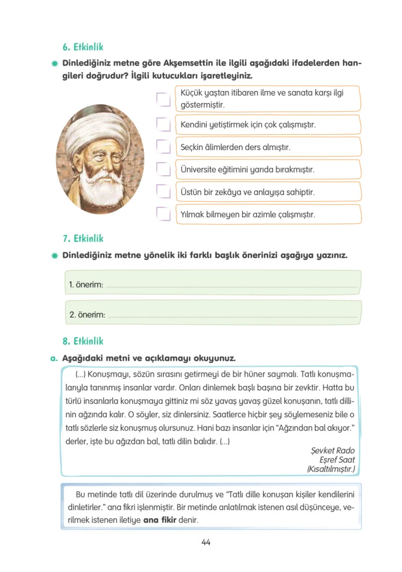 4. Sınıf Türkçe Ders Kitabı Cevapları Tuna Yayınları Sayfa 44
