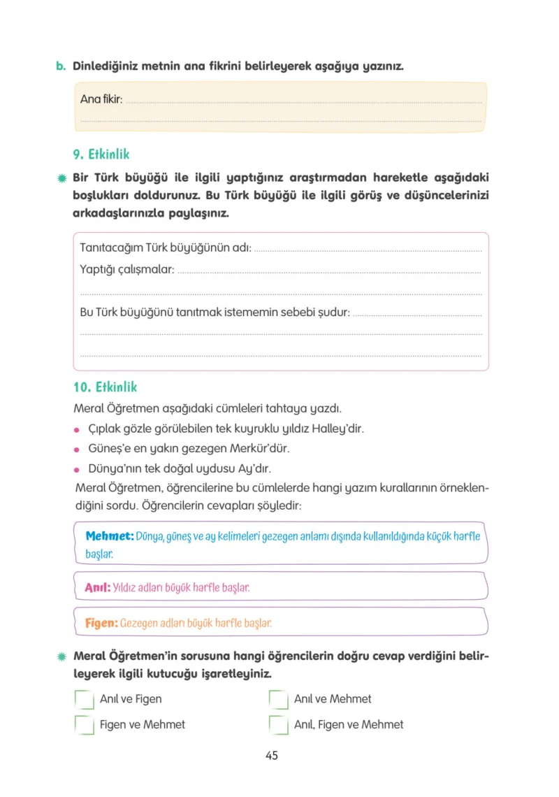 4. Sınıf Türkçe Ders Kitabı Cevapları Tuna Yayınları Sayfa 45