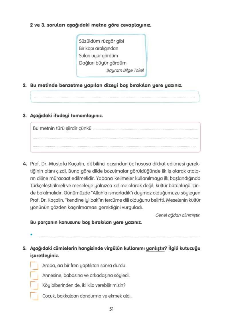 4. Sınıf Türkçe Ders Kitabı Cevapları Tuna Yayınları Sayfa 51