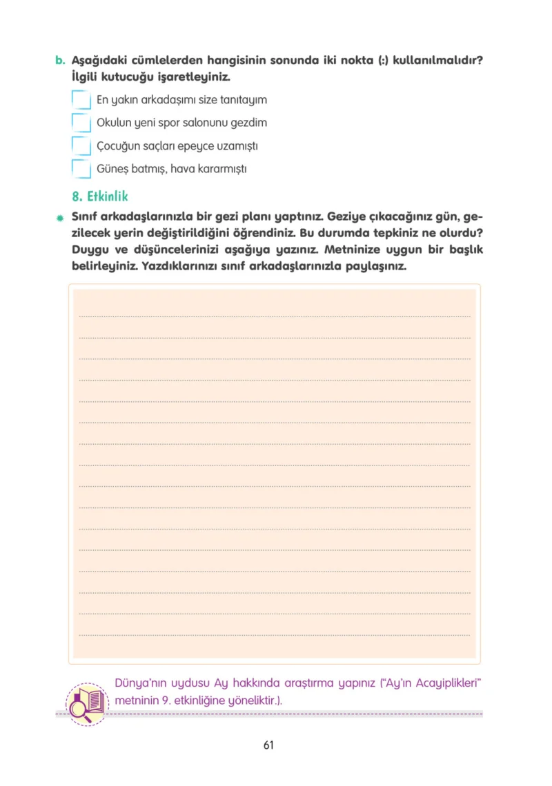 4. Sınıf Türkçe Ders Kitabı Cevapları Tuna Yayınları Sayfa 61