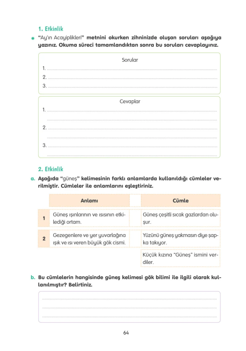 4. Sınıf Türkçe Ders Kitabı Cevapları Tuna Yayınları Sayfa 64