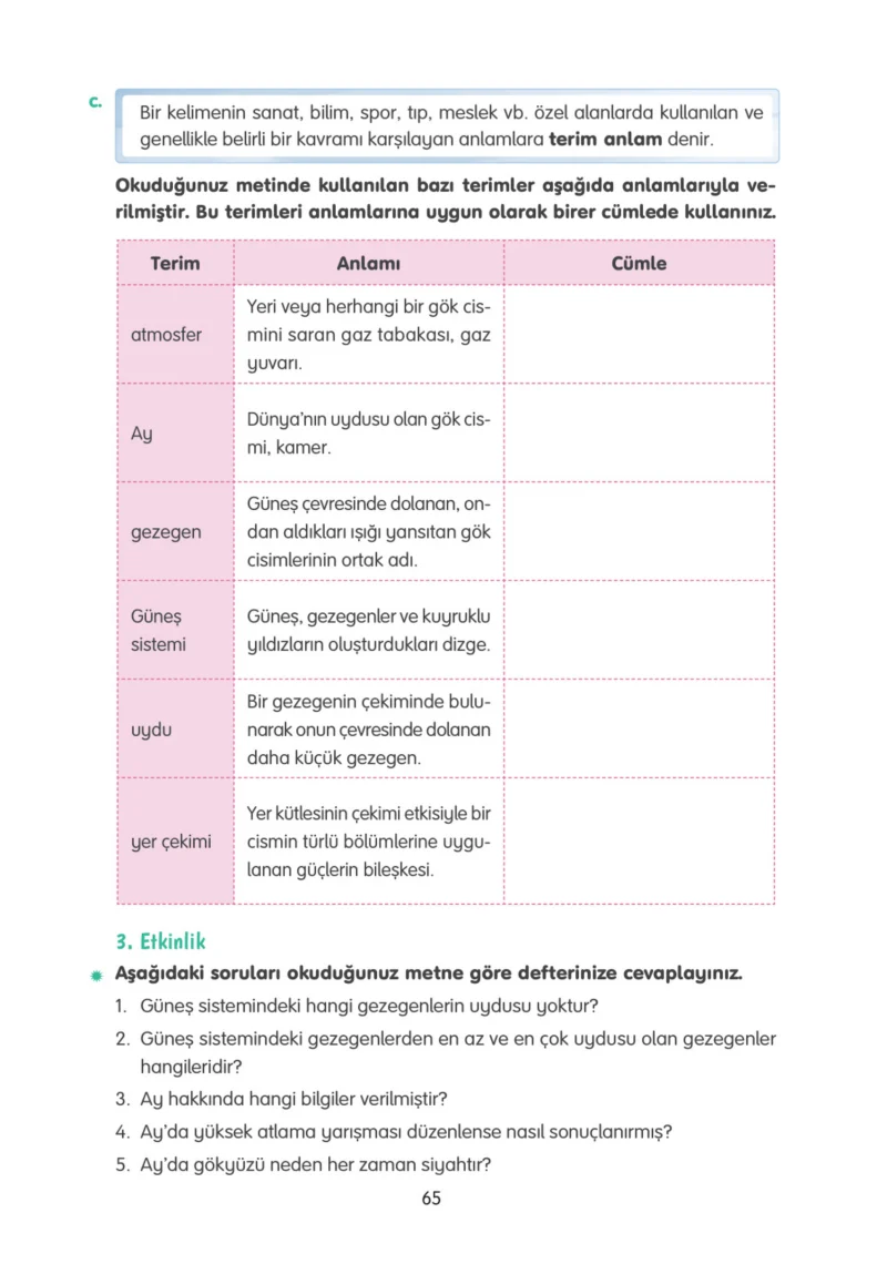4. Sınıf Türkçe Ders Kitabı Cevapları Tuna Yayınları Sayfa 65