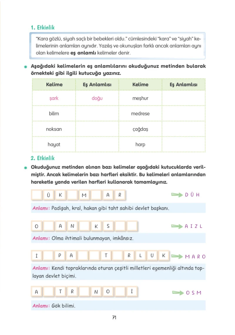 4. Sınıf Türkçe Ders Kitabı Cevapları Tuna Yayınları Sayfa 71