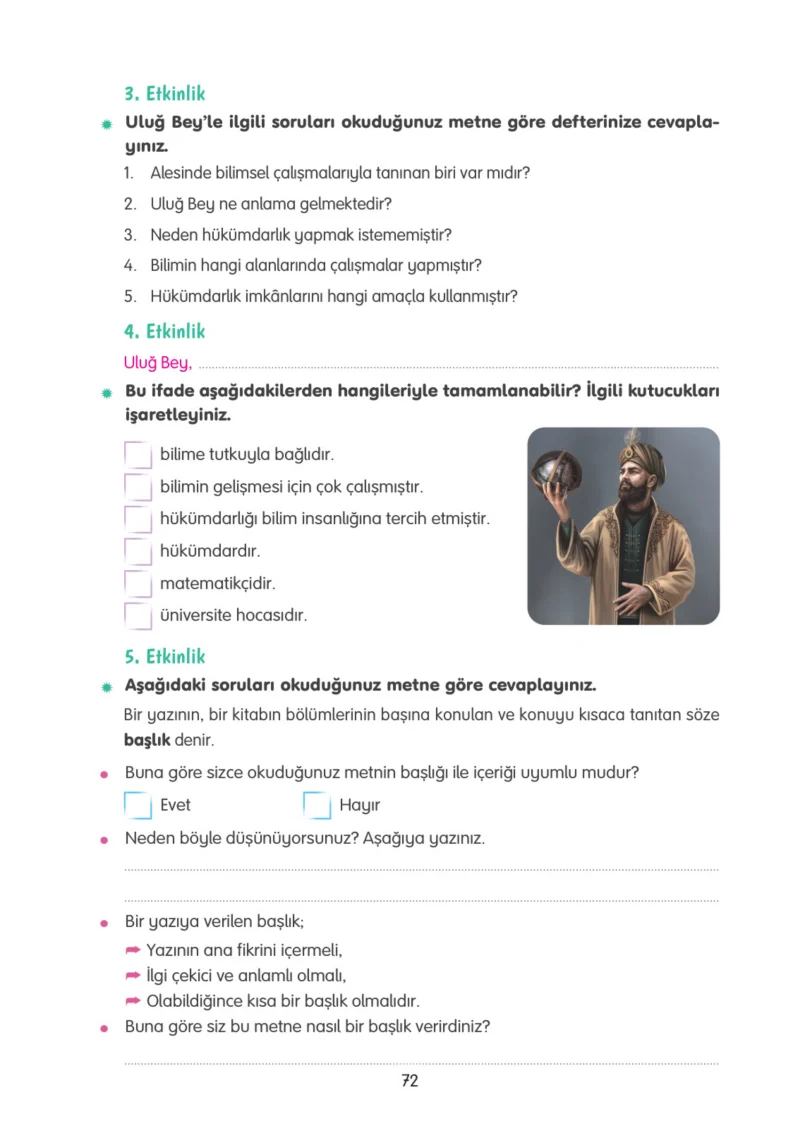 4. Sınıf Türkçe Ders Kitabı Cevapları Tuna Yayınları Sayfa 72