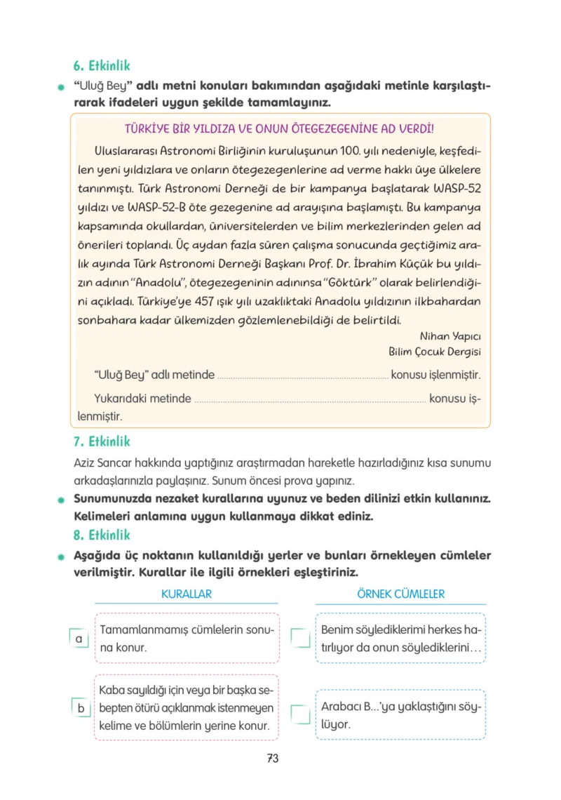 4. Sınıf Türkçe Ders Kitabı Cevapları Tuna Yayınları Sayfa 73