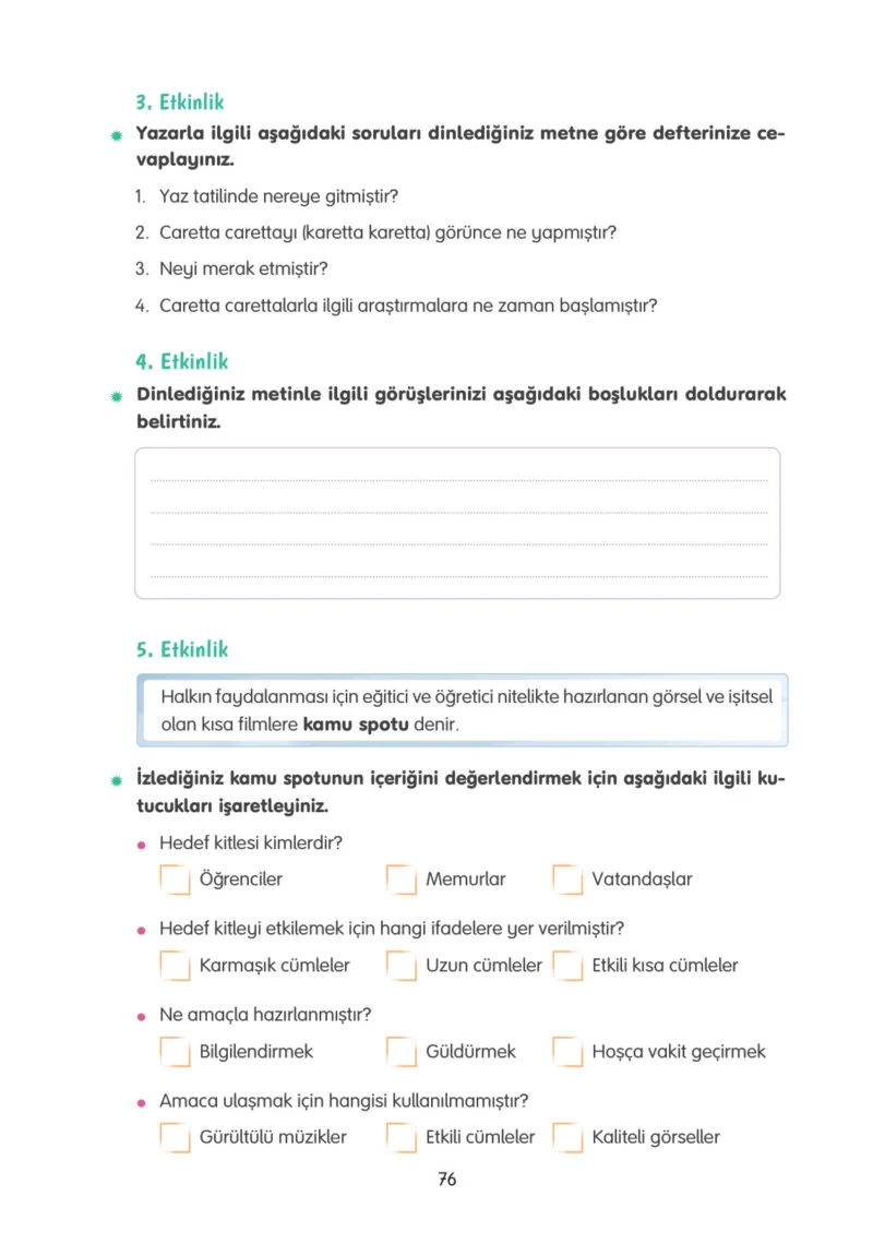 4. Sınıf Türkçe Ders Kitabı Cevapları Tuna Yayınları Sayfa 76