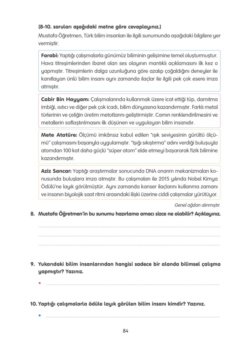 4. Sınıf Türkçe Ders Kitabı Cevapları Tuna Yayınları Sayfa 84