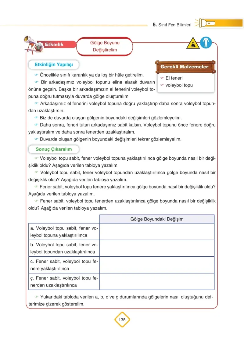 5. Sınıf Fen Bilimleri Ders Kitabı Cevapları SDR Dİkey Yayınları Sayfa 135