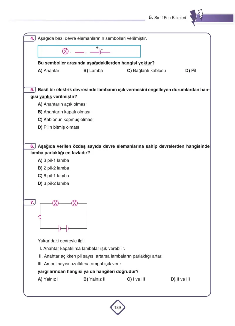 5. Sınıf Fen Bilimleri Ders Kitabı Cevapları SDR Dİkey Yayınları Sayfa 189
