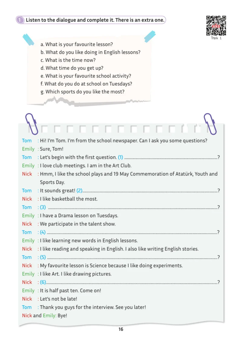 5. Sınıf İngilizce Ders Kitabı Cevapları Meb Yayınları Multi English 1 . Kitap Sayfa 16