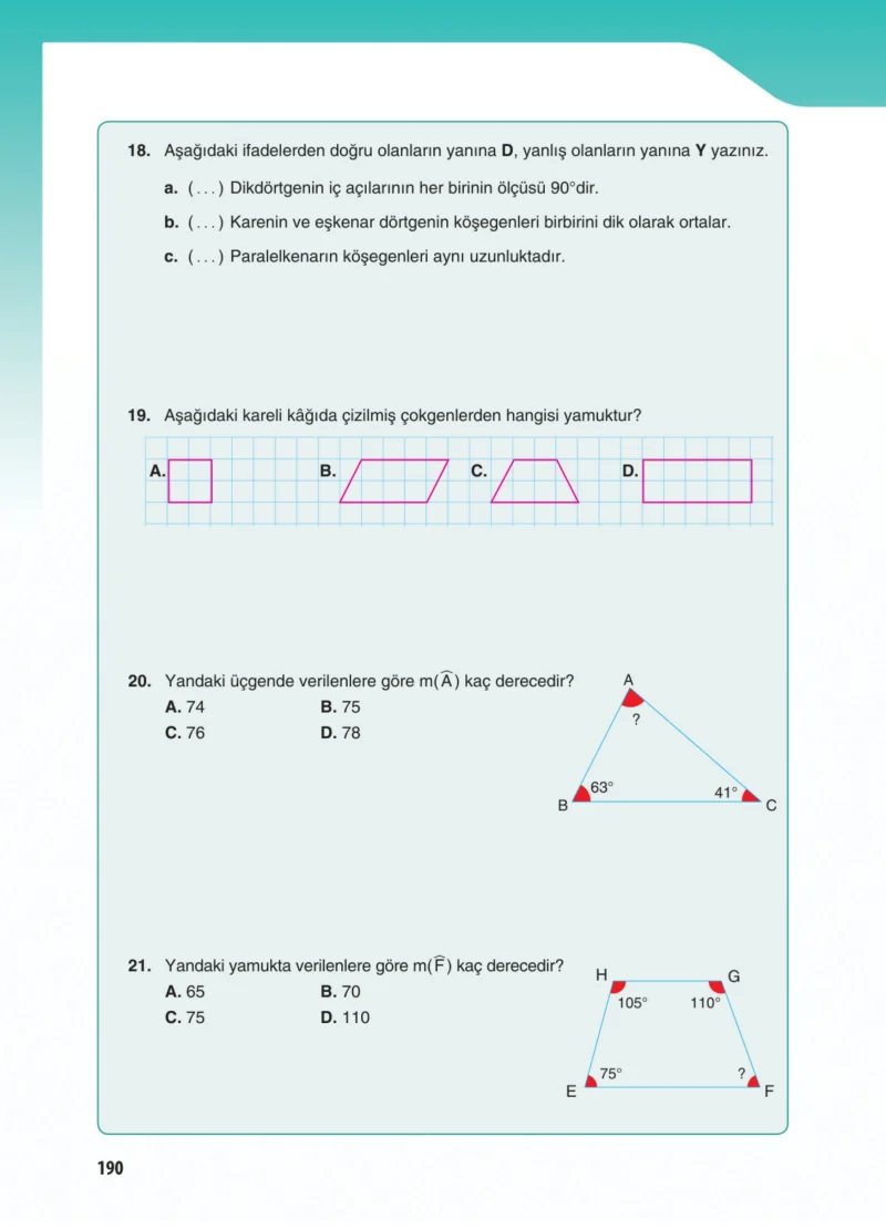 5. Sınıf Matematik Ders Kitabı Cevapları Koza Yayınları Sayfa 190