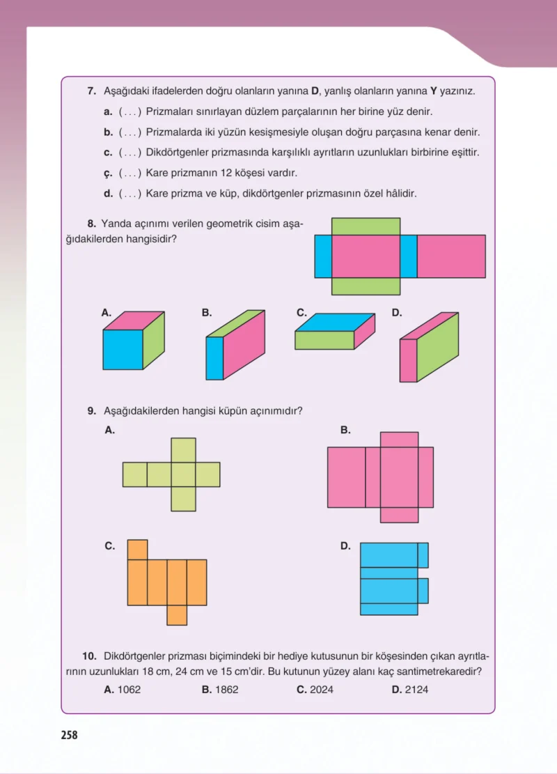 5. Sınıf Matematik Ders Kitabı Cevapları Koza Yayınları Sayfa 258