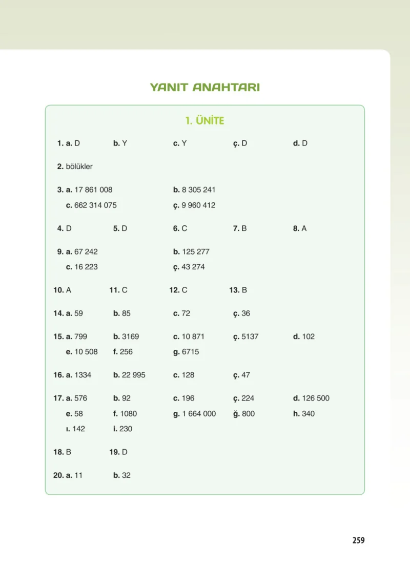 5. Sınıf Matematik Ders Kitabı Cevapları Koza Yayınları Sayfa 259