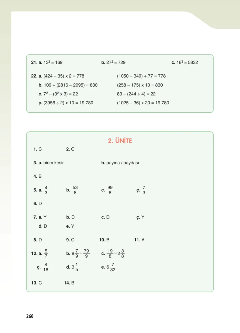 5. Sınıf Matematik Ders Kitabı Cevapları Koza Yayınları Sayfa 260