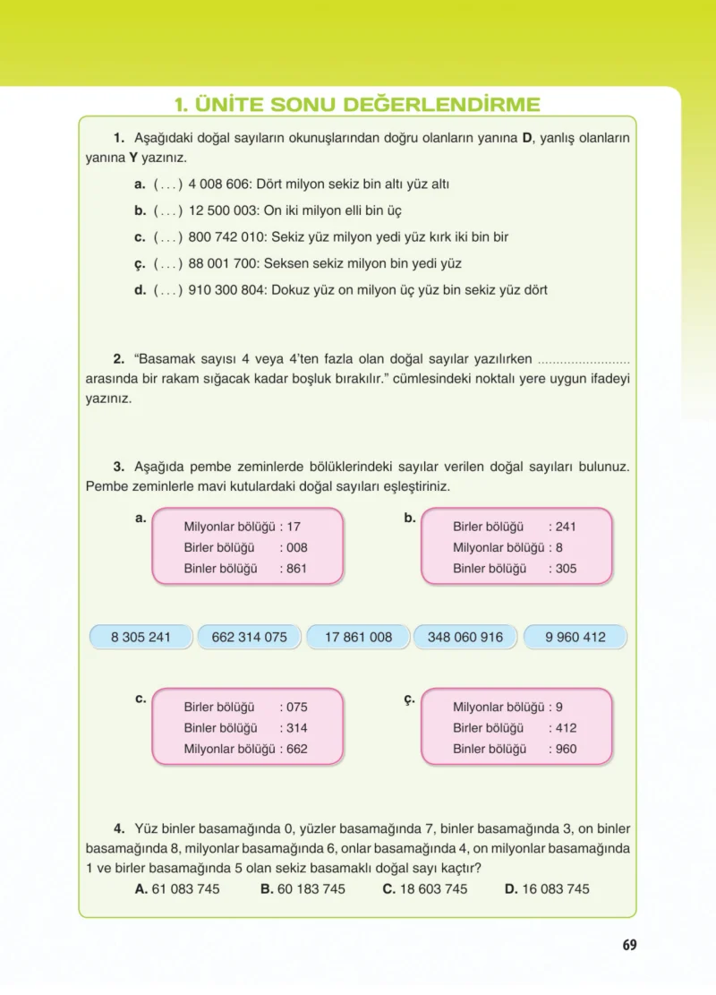 5. Sınıf Matematik Ders Kitabı Cevapları Koza Yayınları Sayfa 69