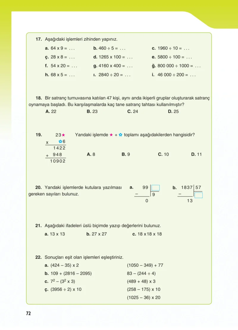 5. Sınıf Matematik Ders Kitabı Cevapları Koza Yayınları Sayfa 72