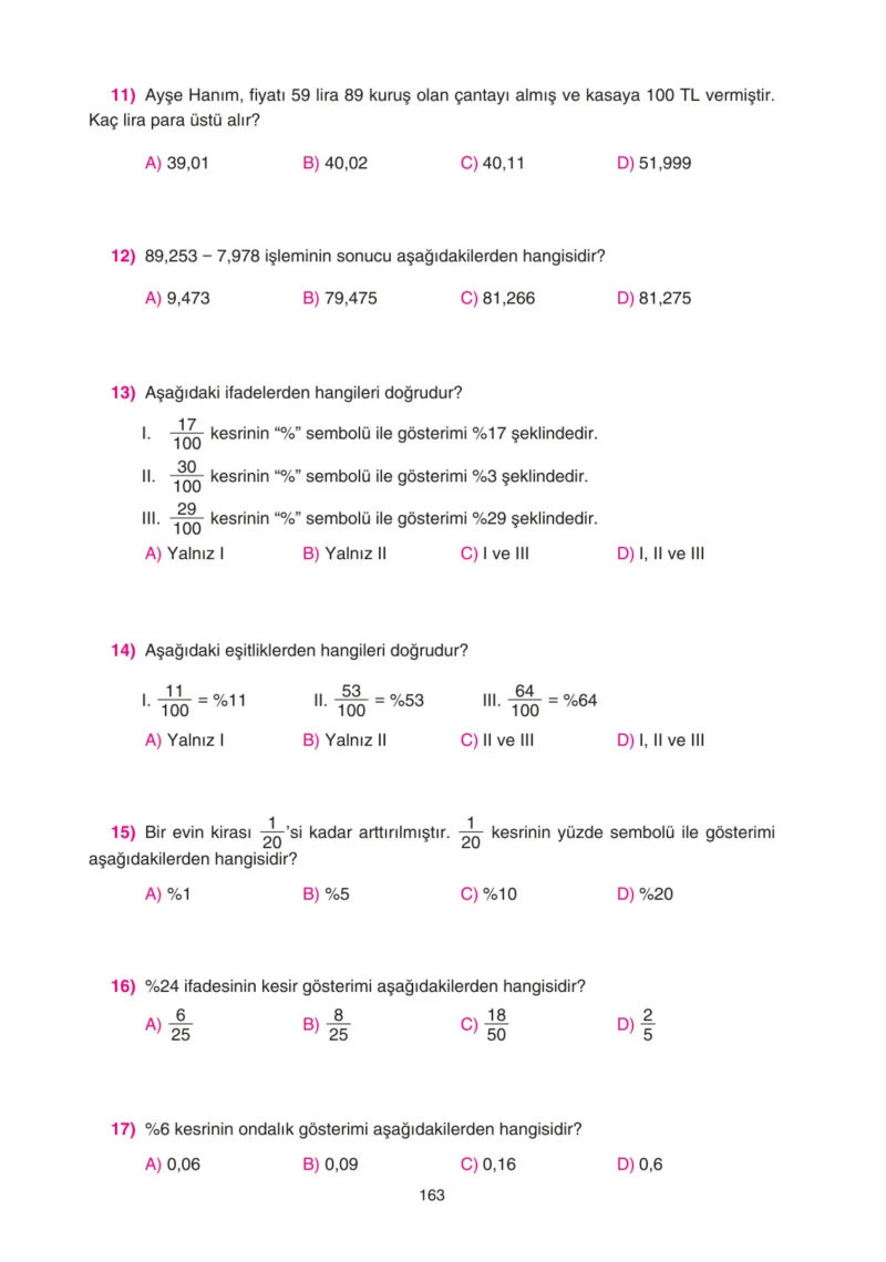 5. Sınıf Matematik Ders Kitabı Cevapları Tuna Yayınları Sayfa 163