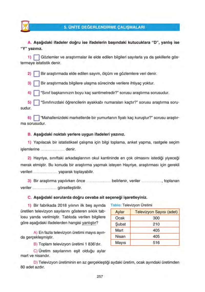 5. Sınıf Matematik Ders Kitabı Cevapları Tuna Yayınları Sayfa 257