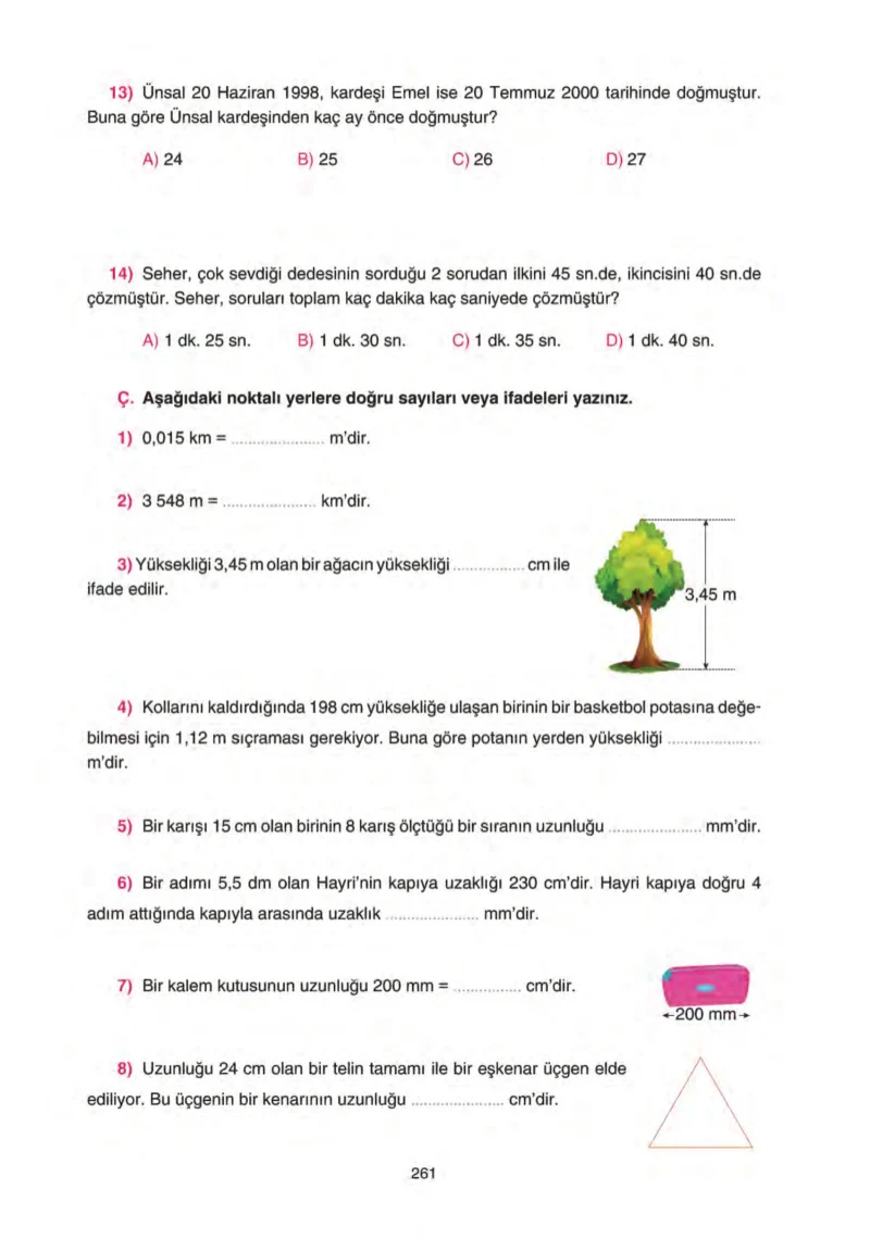 5. Sınıf Matematik Ders Kitabı Cevapları Tuna Yayınları Sayfa 261