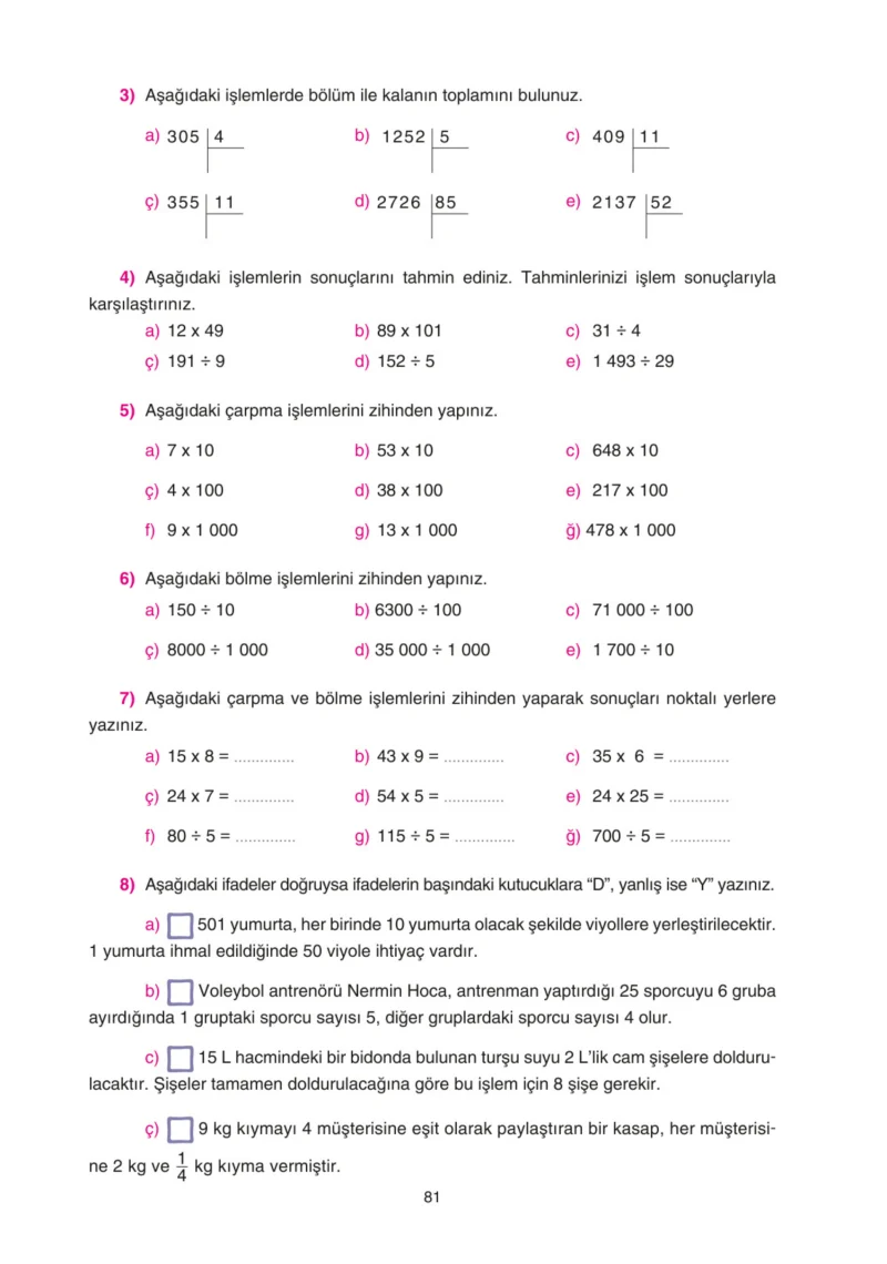 5. Sınıf Matematik Ders Kitabı Cevapları Tuna Yayınları Sayfa 81