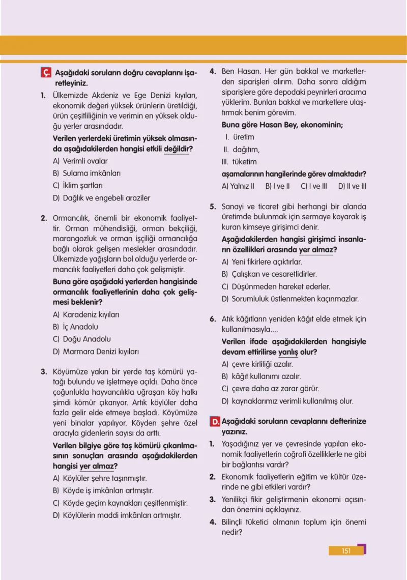 5. Sınıf Sosyal Bilgiler Ders Kitabı Cevapları E Kare Yayınları Sayfa 151