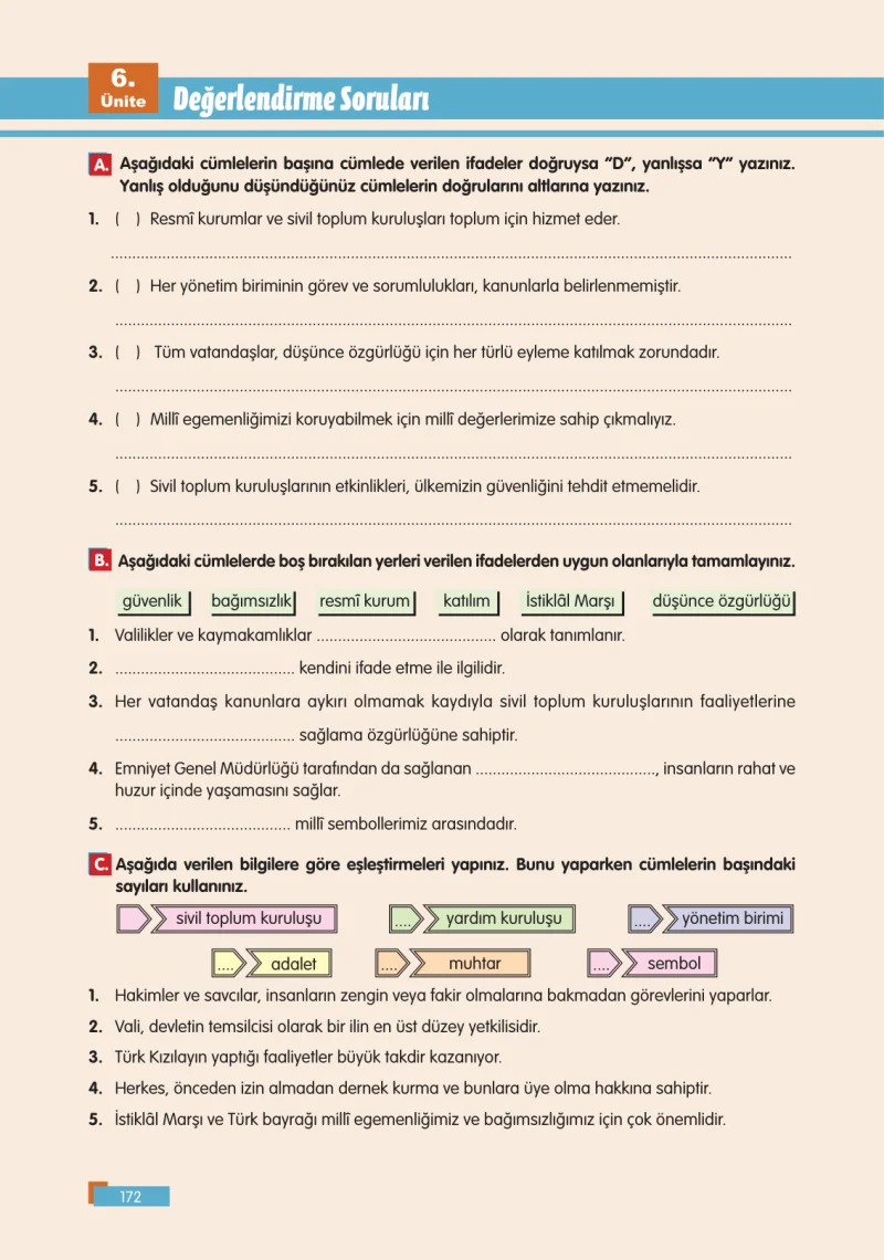 5. Sınıf Sosyal Bilgiler Ders Kitabı Cevapları E Kare Yayınları Sayfa 172