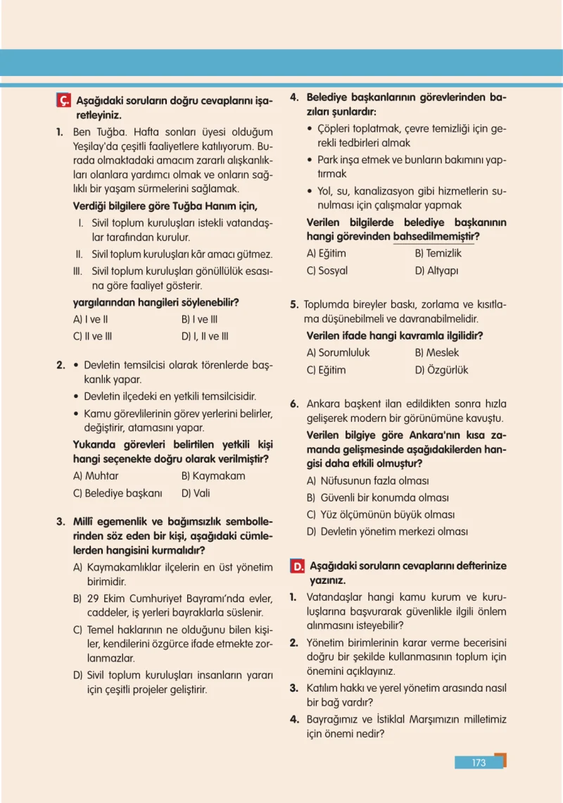 5. Sınıf Sosyal Bilgiler Ders Kitabı Cevapları E Kare Yayınları Sayfa 173