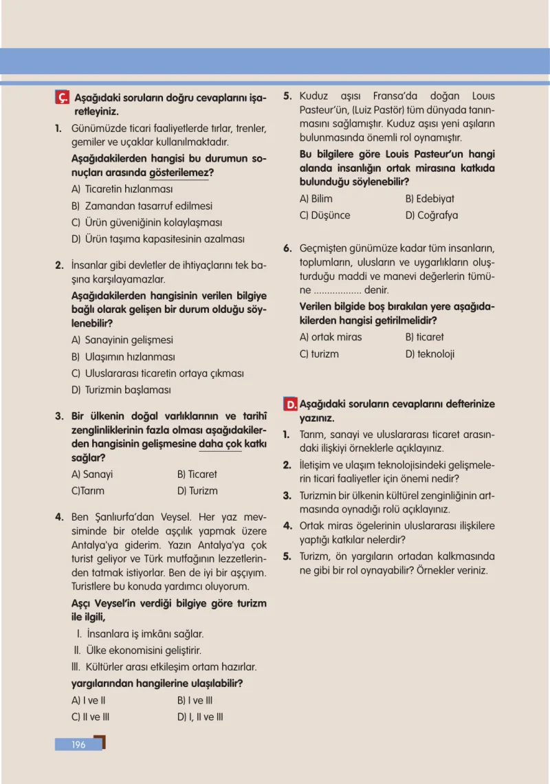 5. Sınıf Sosyal Bilgiler Ders Kitabı Cevapları E Kare Yayınları Sayfa 196