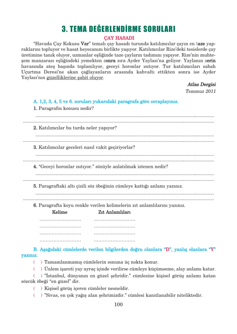 5. Sınıf Türkçe Ders Kitabı Cevapları Anıttepe Yayınları Sayfa 100