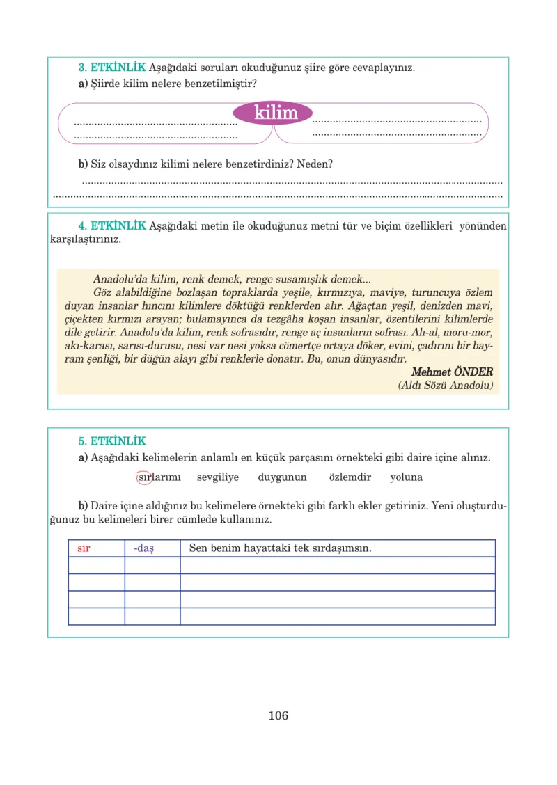 5. Sınıf Türkçe Ders Kitabı Cevapları Anıttepe Yayınları Sayfa 106
