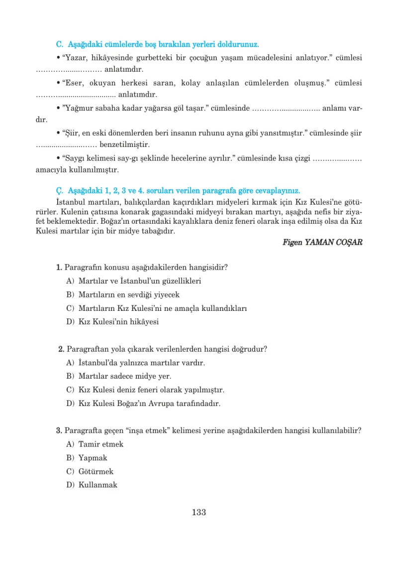 5. Sınıf Türkçe Ders Kitabı Cevapları Anıttepe Yayınları Sayfa 133