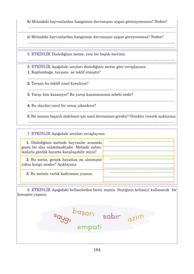 5. Sınıf Türkçe Ders Kitabı Cevapları Anıttepe Yayınları Sayfa 184