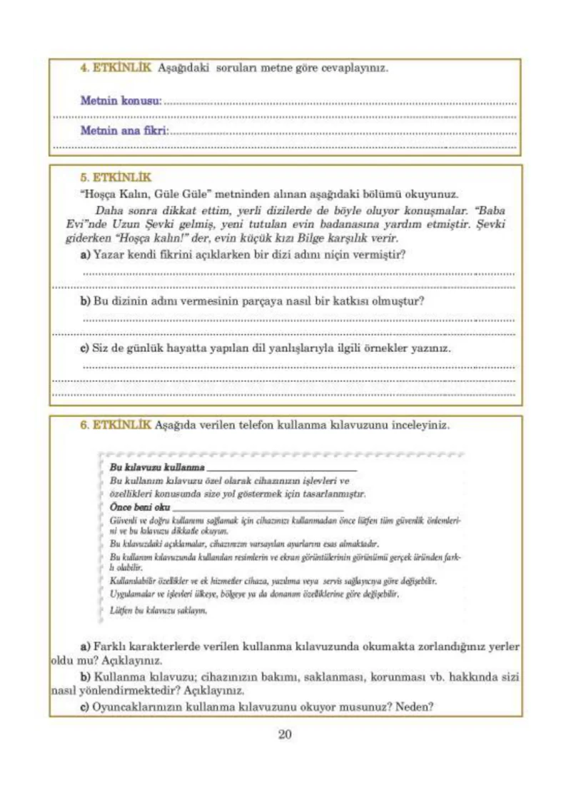 5. Sınıf Türkçe Ders Kitabı Cevapları Anıttepe Yayınları Sayfa 20