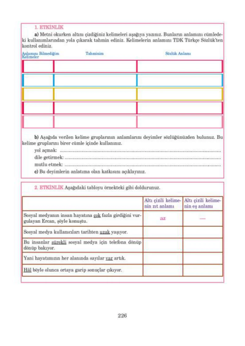 5. Sınıf Türkçe Ders Kitabı Cevapları Anıttepe Yayınları Sayfa 226