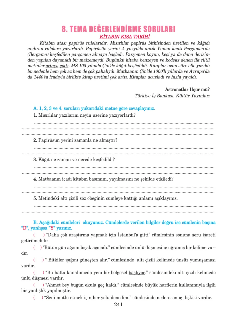 5. Sınıf Türkçe Ders Kitabı Cevapları Anıttepe Yayınları Sayfa 241
