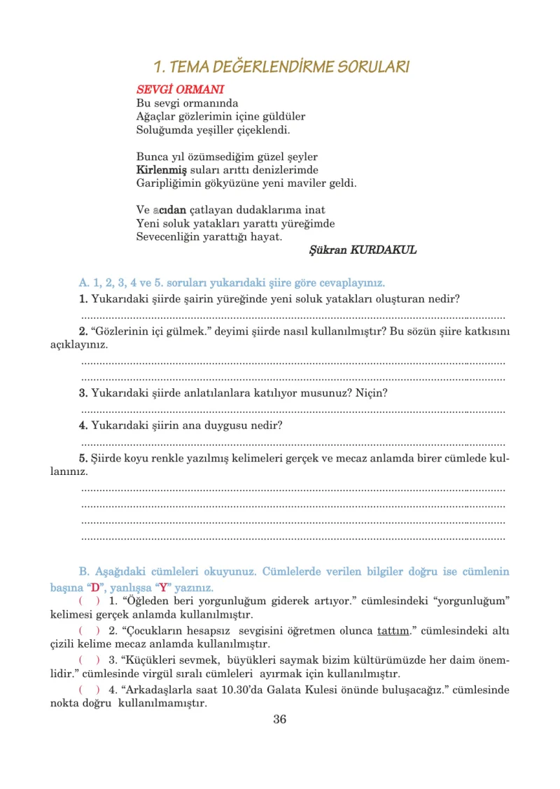 5. Sınıf Türkçe Ders Kitabı Cevapları Anıttepe Yayınları Sayfa 36