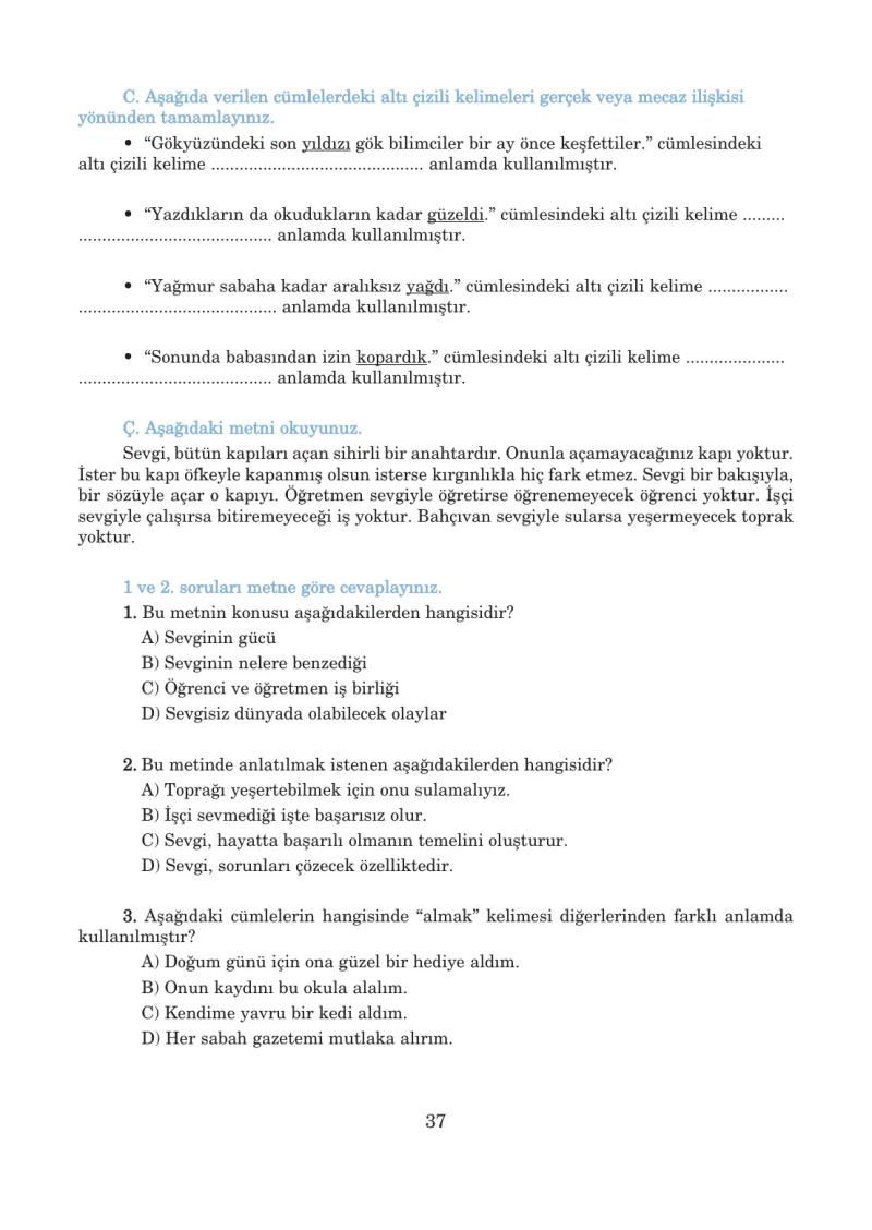 5. Sınıf Türkçe Ders Kitabı Cevapları Anıttepe Yayınları Sayfa 37