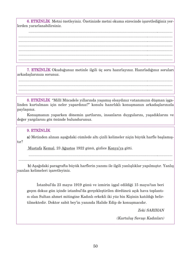 5. Sınıf Türkçe Ders Kitabı Cevapları Anıttepe Yayınları Sayfa 50